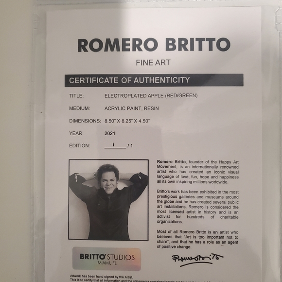 Romero Britto fine art ELECTROPLATED APPLE - MIXED MEDIA ORIGINAL SCULPTURE SERI - Picture 2 of 8